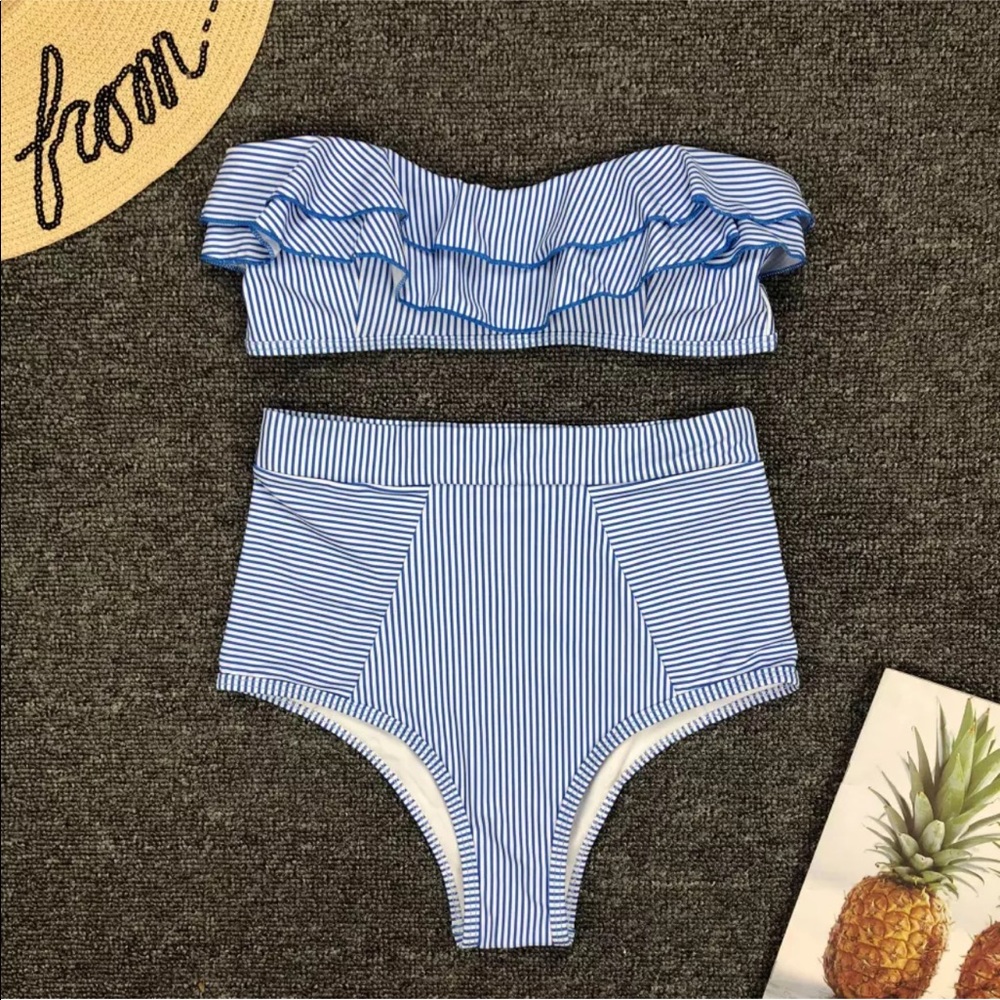 342 Blue ruffled high waist swimsuits - Picture 4 of 7